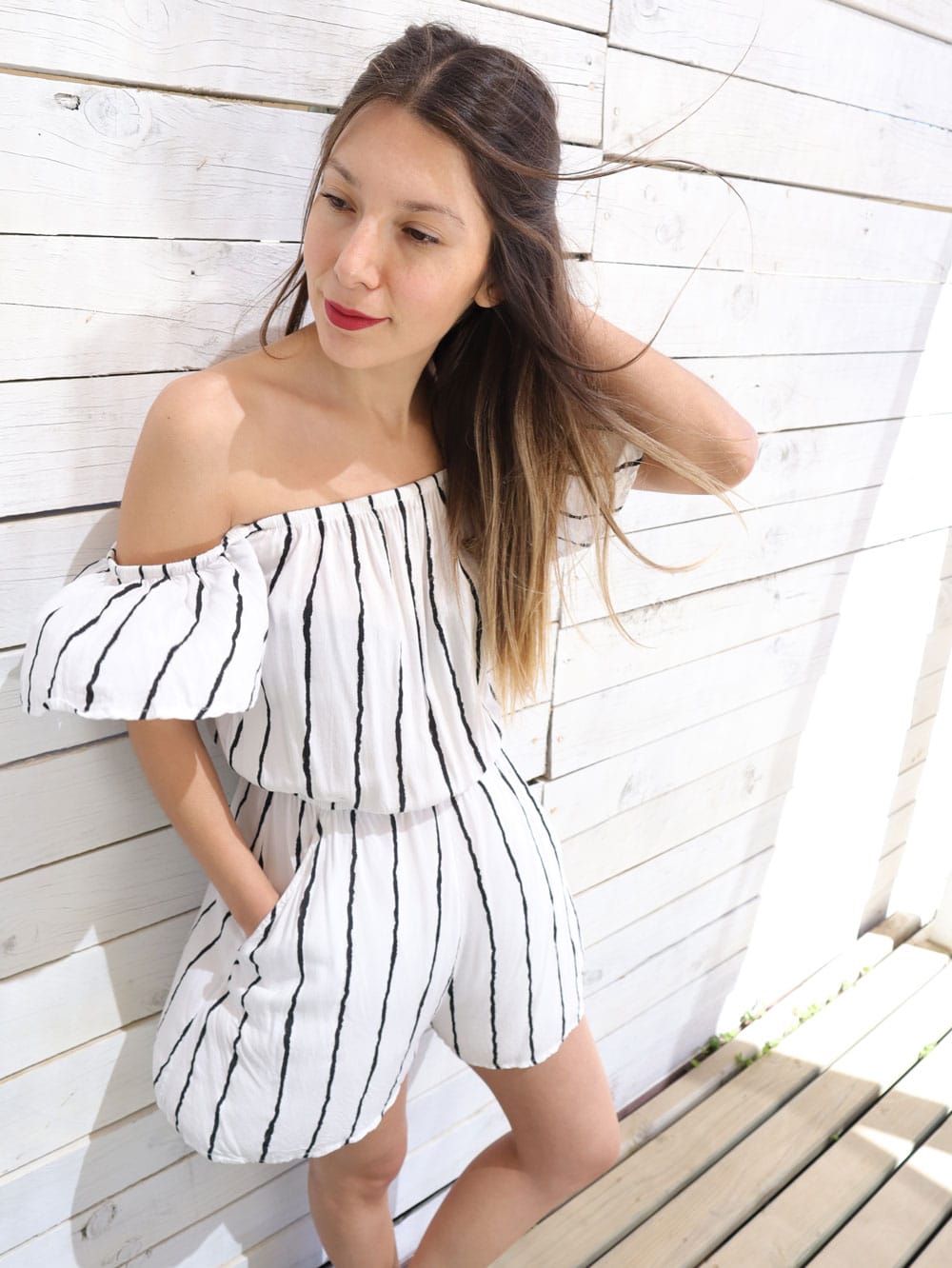 H&M Enterito de Rayas con Escote Bardot